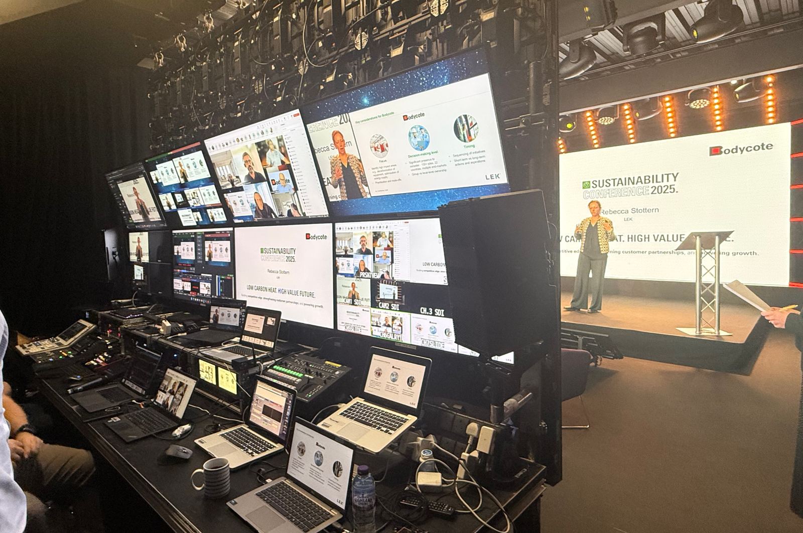 The production gallery running a live Bodycote broadcast, with the stage beyond